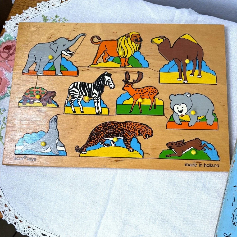 Vintage Playskool Connor Toy Acre Toys Wooden‎ Puzzle Lot Lion Fruit Zoo Animals
